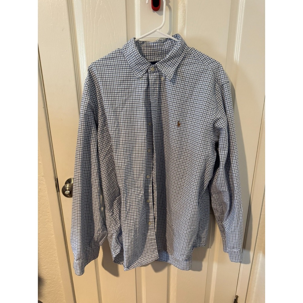Polo Ralph Lauren Shirt Slim Fit Cotton Stretch Gingham Plaid Blue Men 2XL Pony